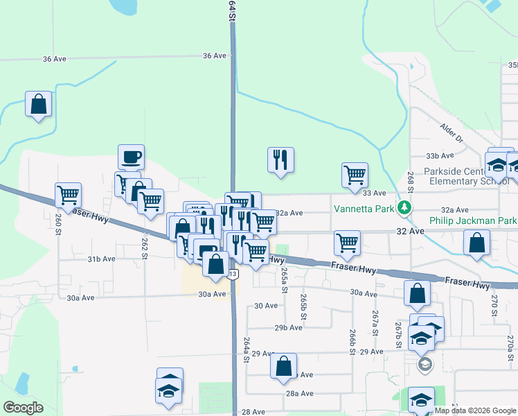 map of restaurants, bars, coffee shops, grocery stores, and more near 19731 32A Avenue in Langley Township
