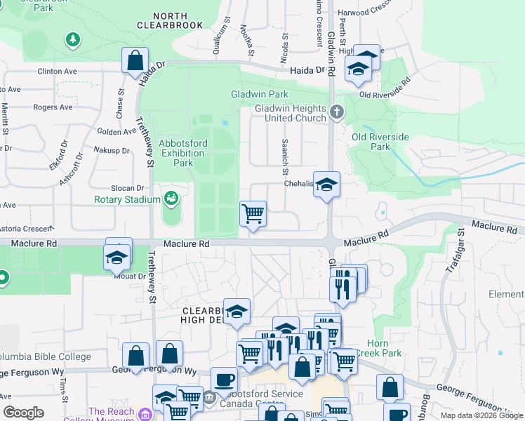 map of restaurants, bars, coffee shops, grocery stores, and more near 3300 Chehalis Drive in Abbotsford