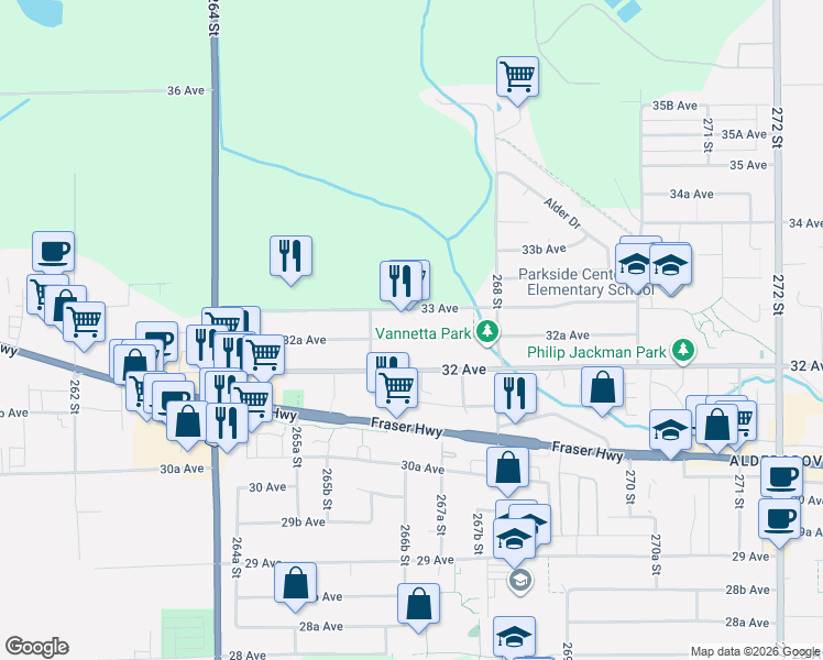 map of restaurants, bars, coffee shops, grocery stores, and more near 26689 32A Avenue in Langley Township