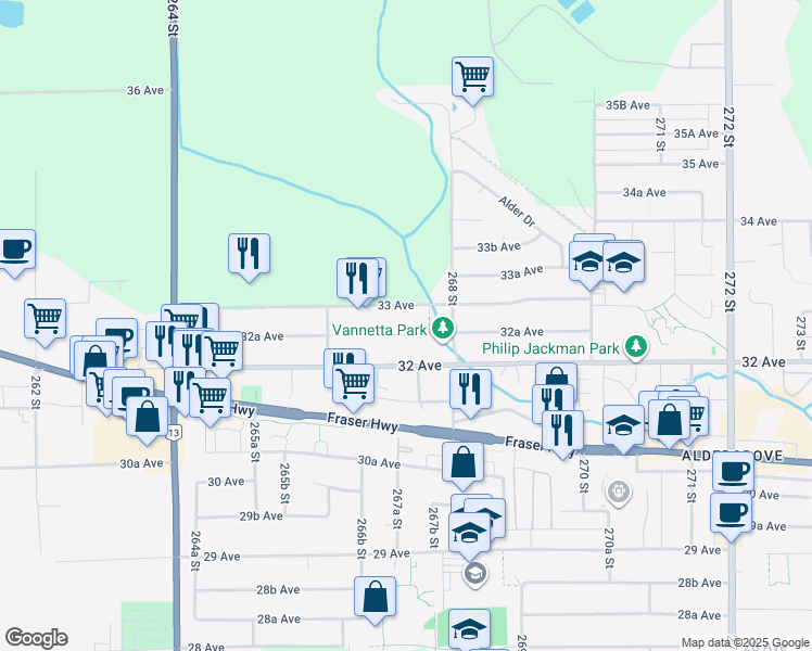 map of restaurants, bars, coffee shops, grocery stores, and more near 26737 32A Avenue in Langley Township