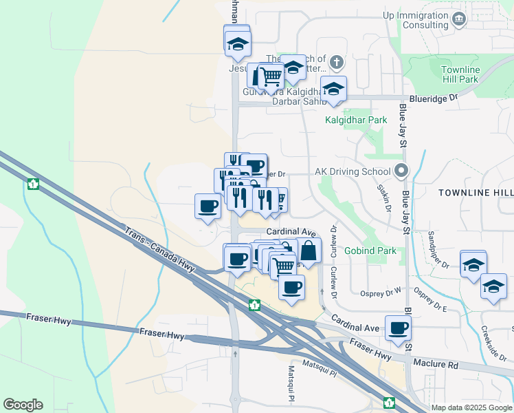 map of restaurants, bars, coffee shops, grocery stores, and more near 3270 Mount Lehman Road in Abbotsford