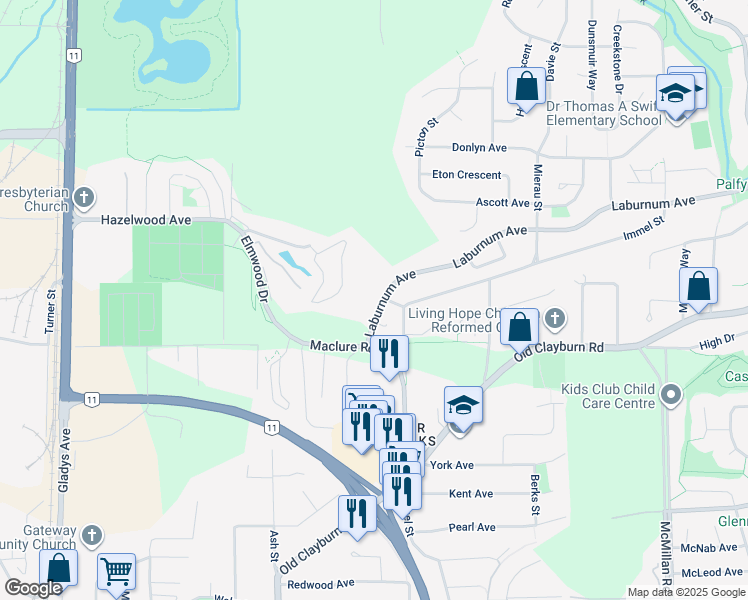 map of restaurants, bars, coffee shops, grocery stores, and more near 34359 Laburnum Avenue in Abbotsford