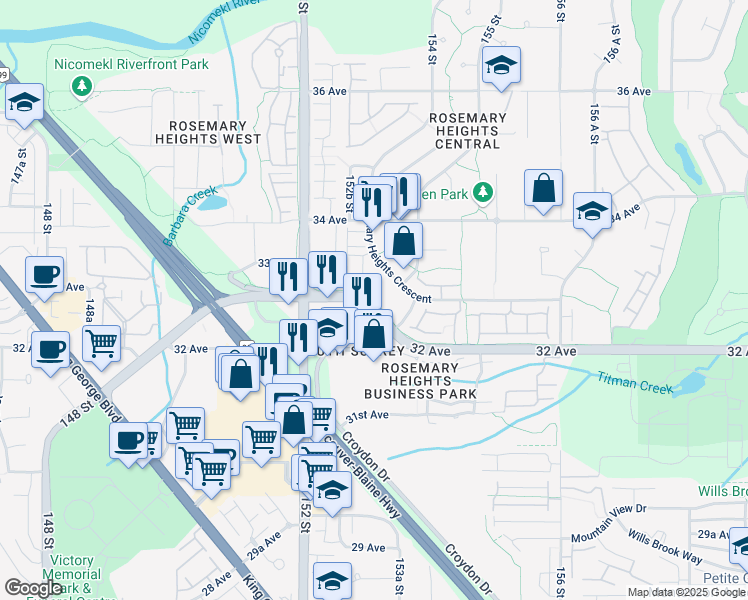 map of restaurants, bars, coffee shops, grocery stores, and more near 3303 Rosemary Heights Crescent in Surrey