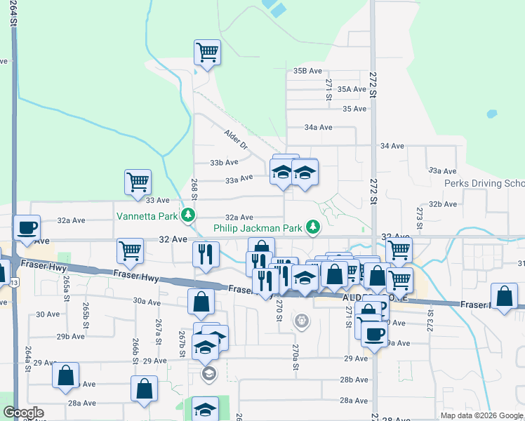 map of restaurants, bars, coffee shops, grocery stores, and more near 26943 32A Avenue in Langley Township