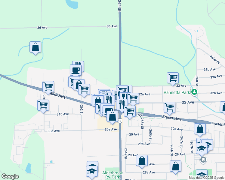 map of restaurants, bars, coffee shops, grocery stores, and more near 3265 264 Street in Langley Township