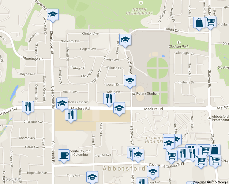 map of restaurants, bars, coffee shops, grocery stores, and more near 32317 Adair Avenue in Abbotsford