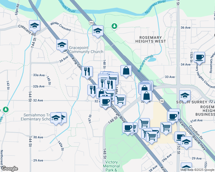 map of restaurants, bars, coffee shops, grocery stores, and more near in Surrey