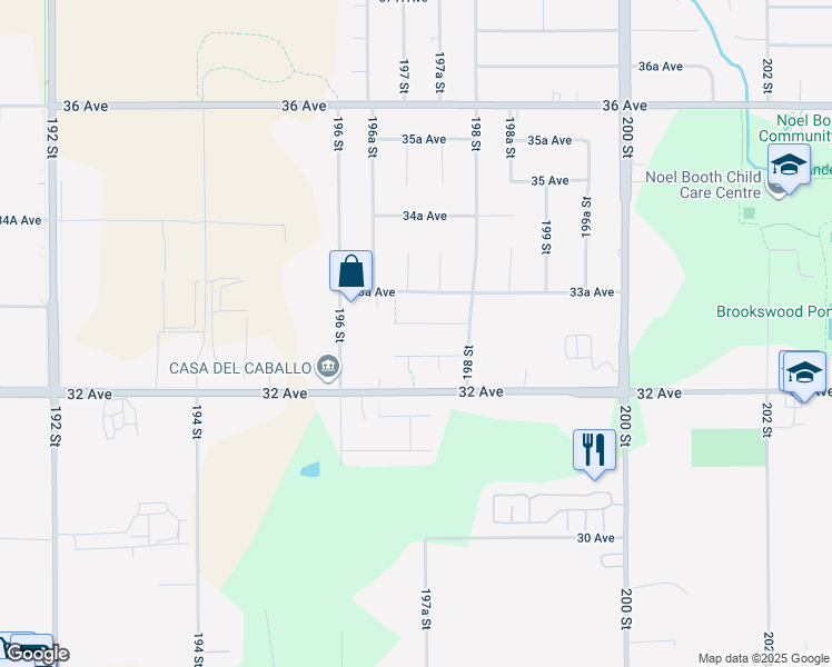 map of restaurants, bars, coffee shops, grocery stores, and more near 19718 33 Avenue in Langley