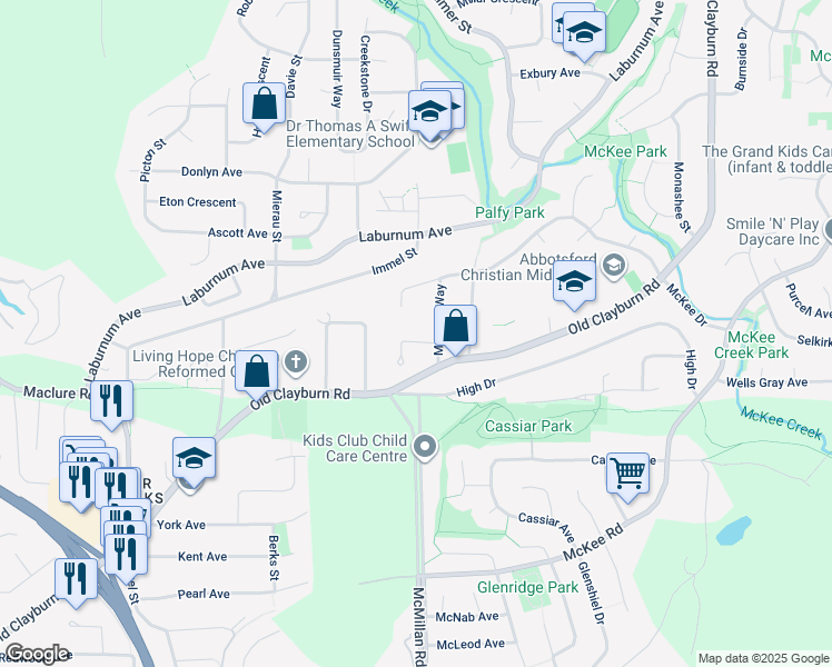 map of restaurants, bars, coffee shops, grocery stores, and more near 34795 Arden Drive in Abbotsford