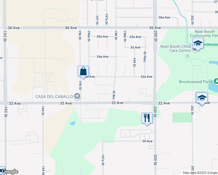 map of restaurants, bars, coffee shops, grocery stores, and more near 19758 33 Avenue in Langley