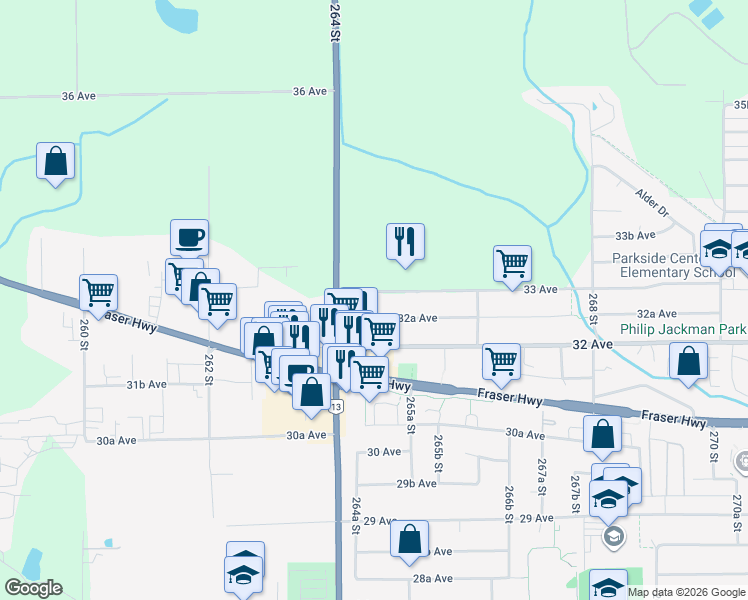 map of restaurants, bars, coffee shops, grocery stores, and more near 3278 264A Street in Langley Township