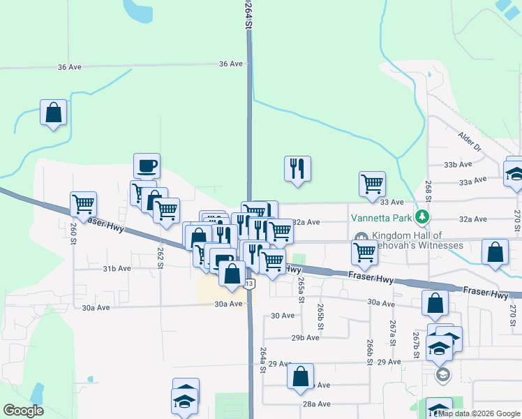 map of restaurants, bars, coffee shops, grocery stores, and more near 3273 264A Street in Langley