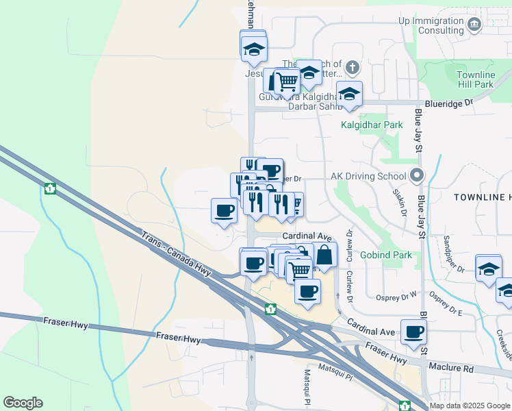 map of restaurants, bars, coffee shops, grocery stores, and more near 3270 Mount Lehman Road in Abbotsford