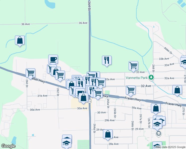 map of restaurants, bars, coffee shops, grocery stores, and more near 3273 264A Street in Langley Township