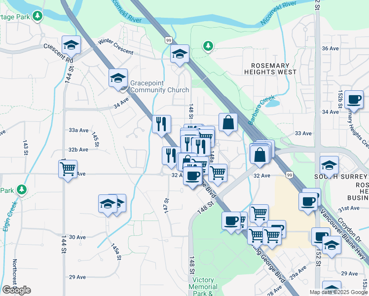 map of restaurants, bars, coffee shops, grocery stores, and more near in Surrey