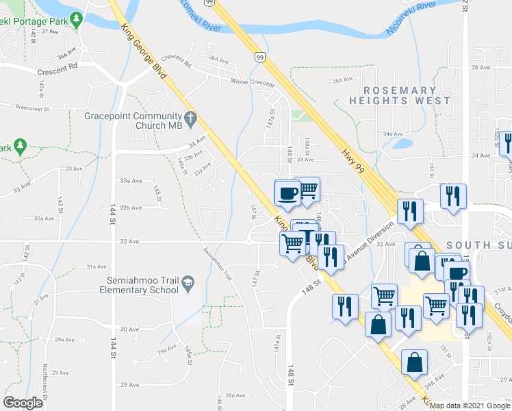 map of restaurants, bars, coffee shops, grocery stores, and more near 3266 147 Street in Surrey
