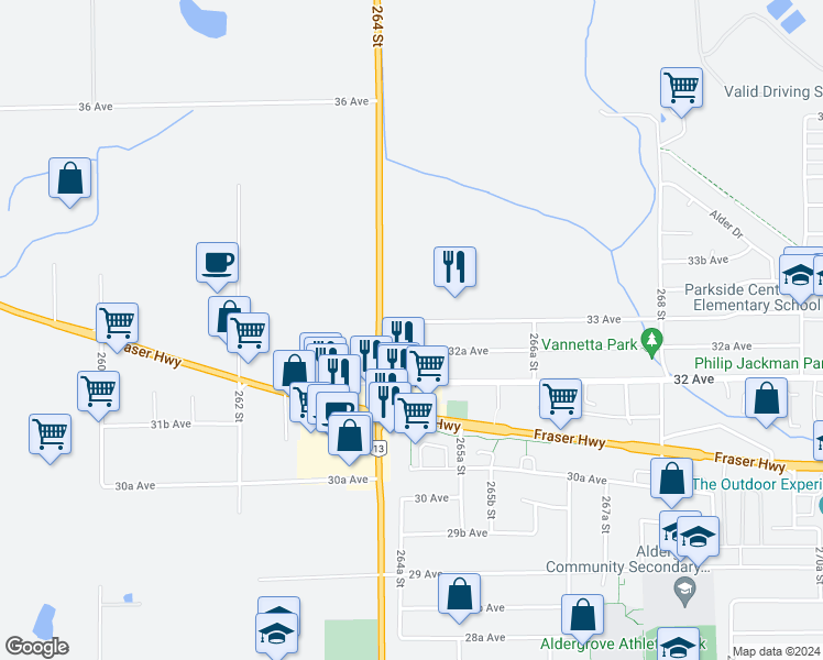 map of restaurants, bars, coffee shops, grocery stores, and more near 3278 264A Street in Langley Township