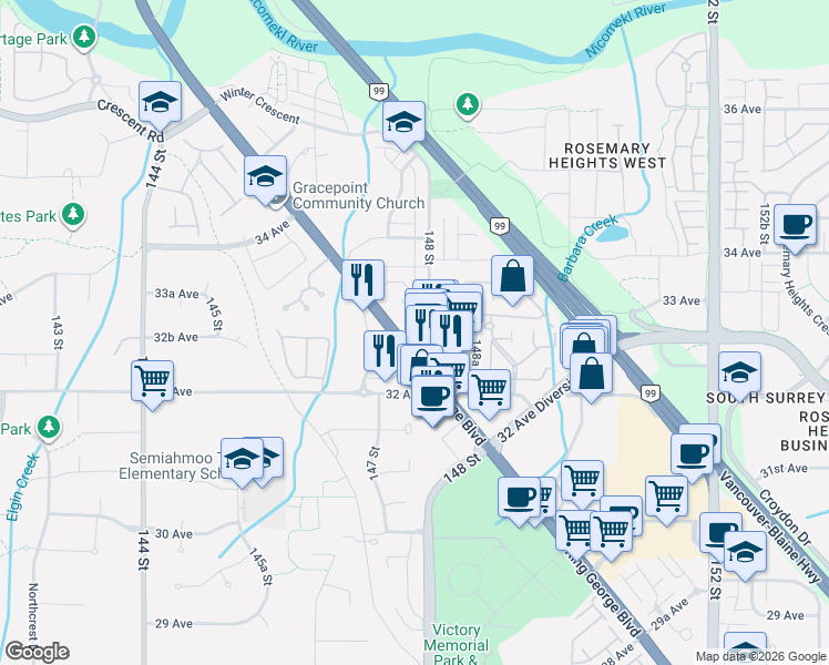 map of restaurants, bars, coffee shops, grocery stores, and more near 3315 148 Street in Surrey