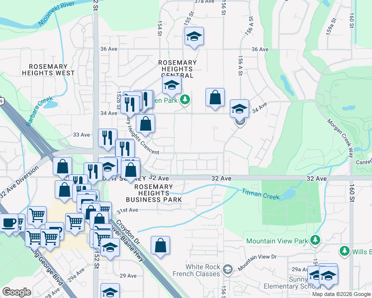 map of restaurants, bars, coffee shops, grocery stores, and more near 15497 Rosemary Heights Crescent in Surrey