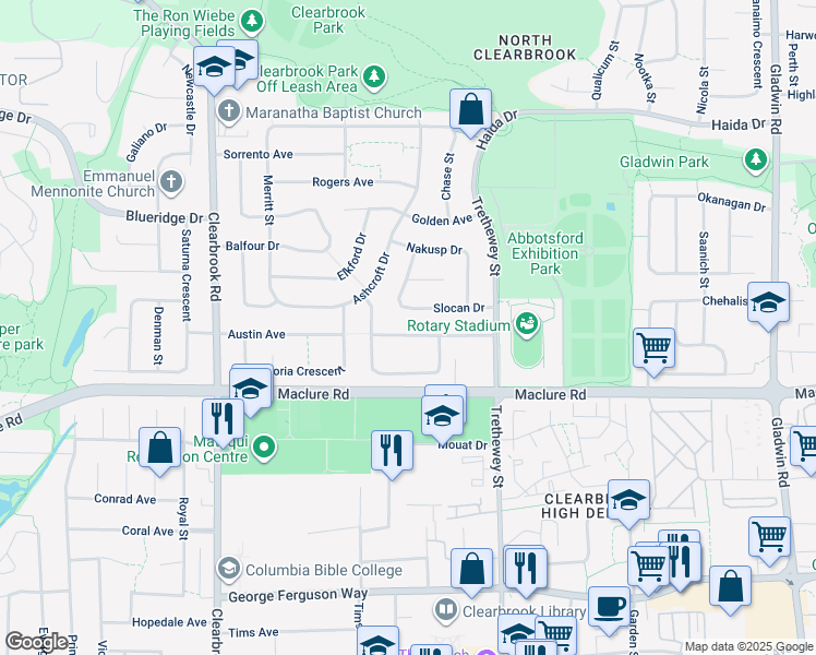 map of restaurants, bars, coffee shops, grocery stores, and more near 32281 Adair Avenue in Abbotsford