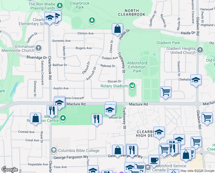 map of restaurants, bars, coffee shops, grocery stores, and more near 32308 Slocan Drive in Abbotsford