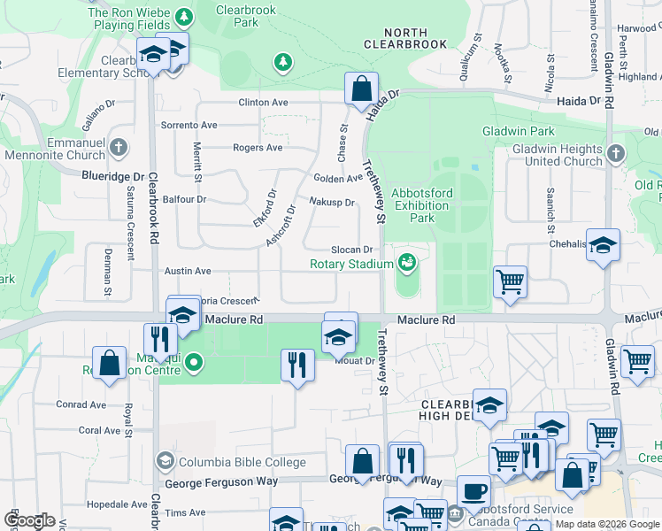 map of restaurants, bars, coffee shops, grocery stores, and more near 32317 Adair Avenue in Abbotsford