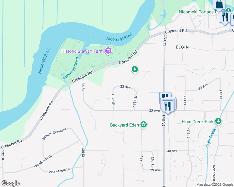 map of restaurants, bars, coffee shops, grocery stores, and more near 3282 137A Street in Surrey