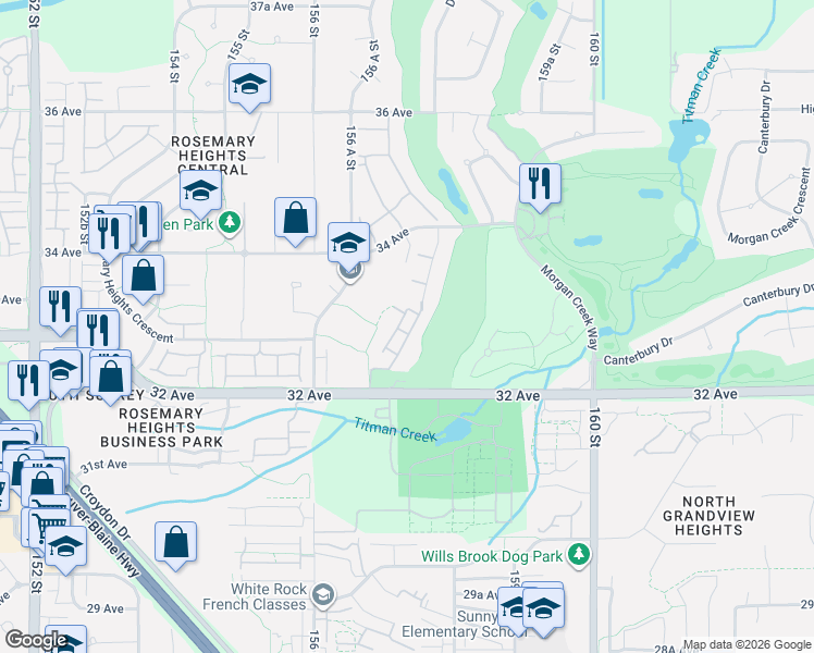 map of restaurants, bars, coffee shops, grocery stores, and more near 3300 157A Street in Surrey