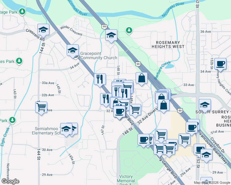 map of restaurants, bars, coffee shops, grocery stores, and more near 3315 148 Street in Surrey
