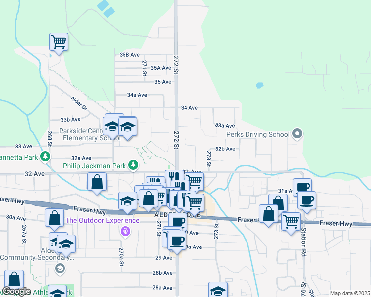 map of restaurants, bars, coffee shops, grocery stores, and more near 27236 32B Avenue in Langley Township