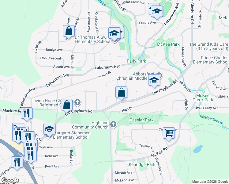 map of restaurants, bars, coffee shops, grocery stores, and more near 3295 Marvern Way in Abbotsford