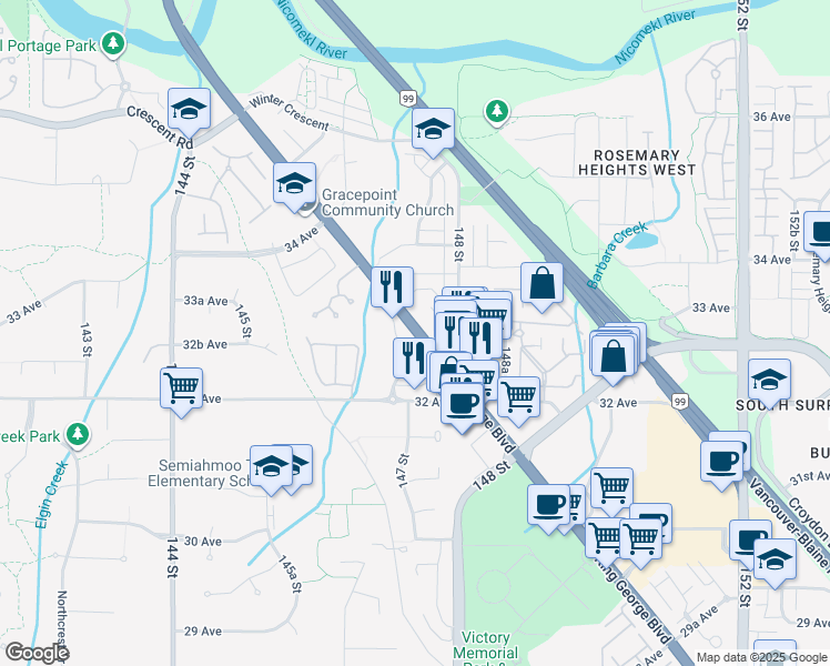 map of restaurants, bars, coffee shops, grocery stores, and more near 3291 British Columbia 99 Alternate in Surrey