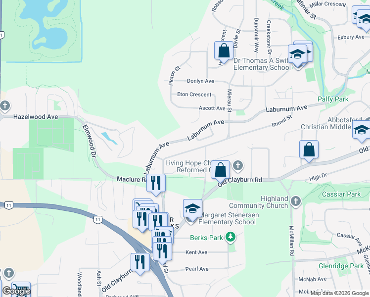map of restaurants, bars, coffee shops, grocery stores, and more near 34467 Immel Street in Abbotsford
