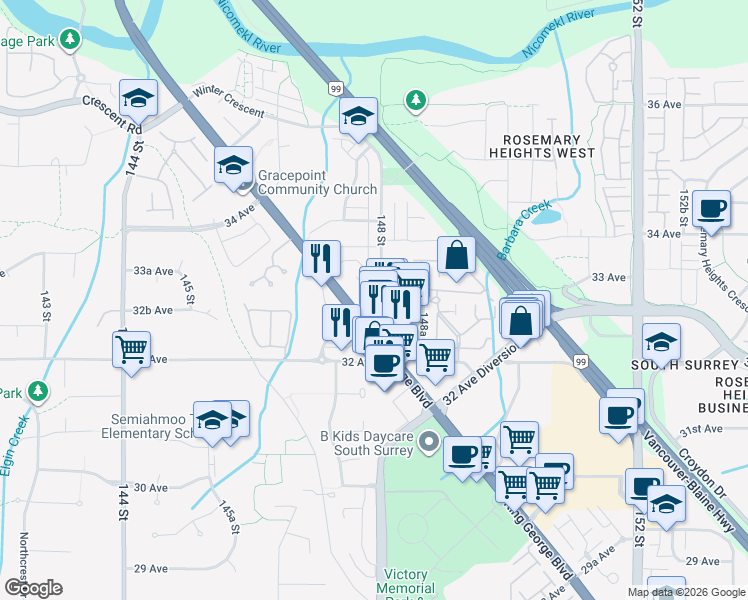 map of restaurants, bars, coffee shops, grocery stores, and more near 3315 148 Street in Surrey