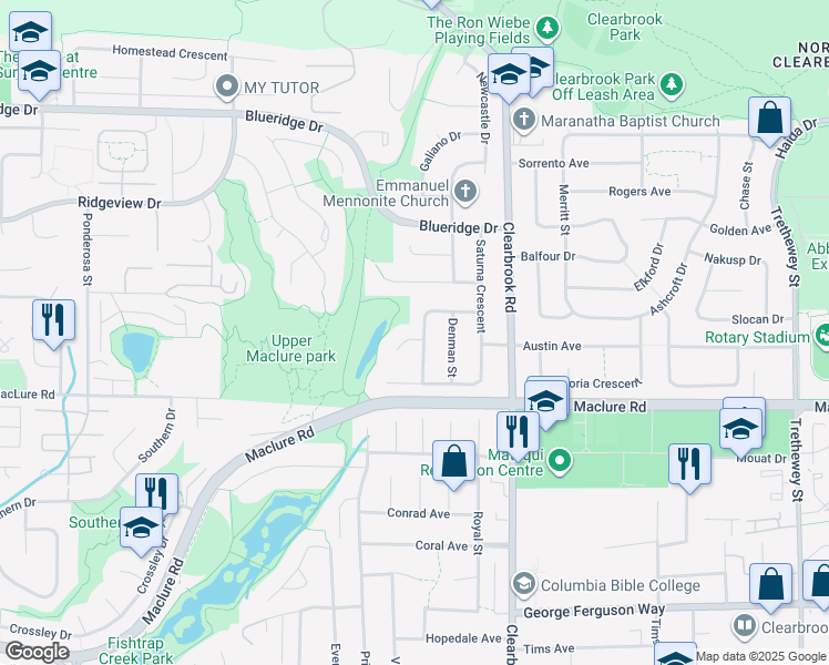 map of restaurants, bars, coffee shops, grocery stores, and more near 3299 Jervis Crescent in Abbotsford