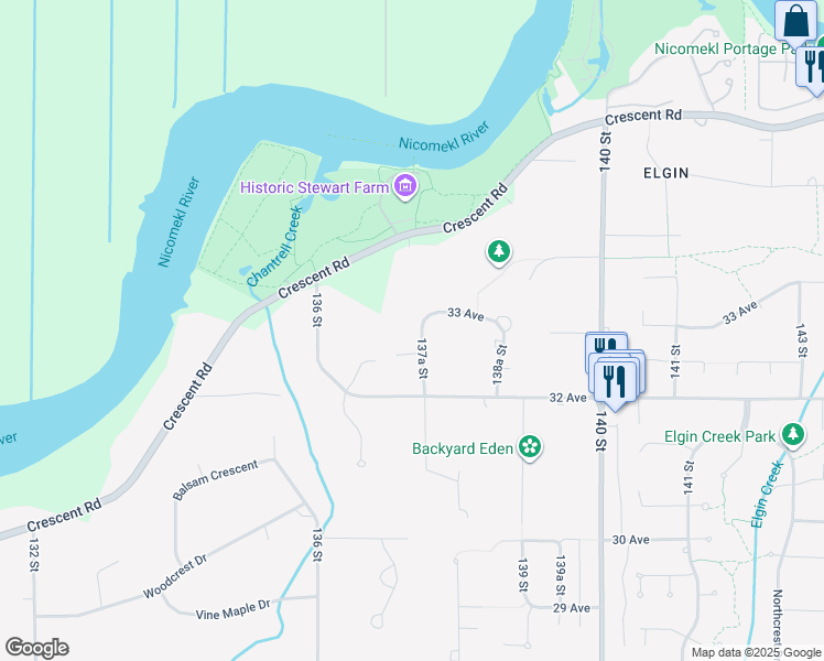 map of restaurants, bars, coffee shops, grocery stores, and more near 3273 137A Street in Surrey