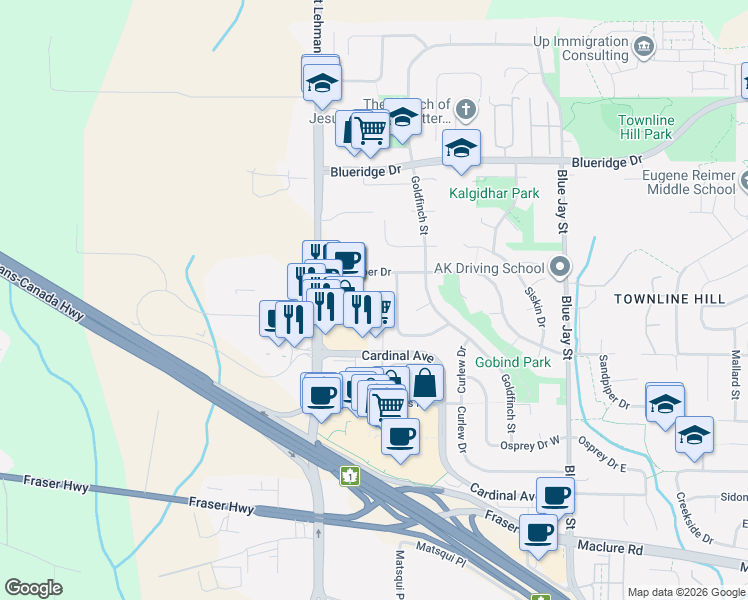 map of restaurants, bars, coffee shops, grocery stores, and more near 30525 Cardinal Avenue in Abbotsford