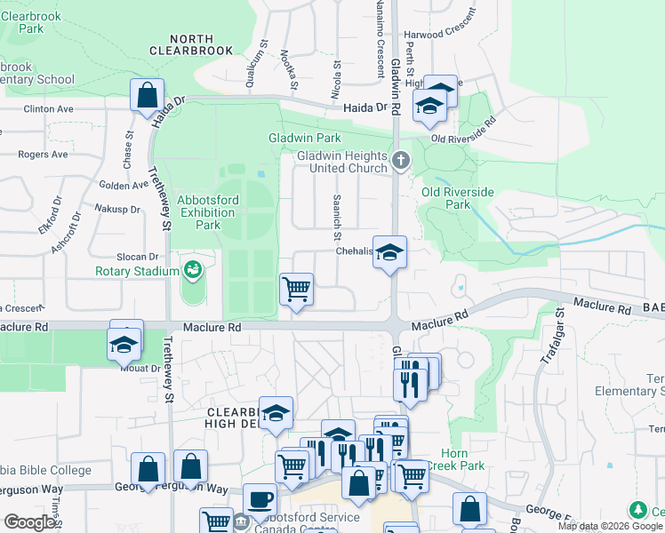 map of restaurants, bars, coffee shops, grocery stores, and more near 3297 Saanich Street in Abbotsford