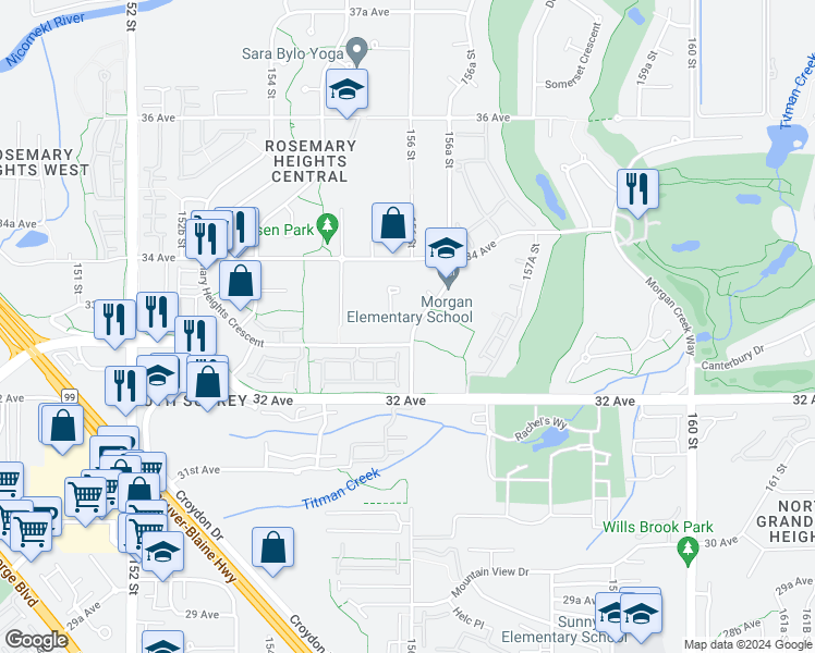 map of restaurants, bars, coffee shops, grocery stores, and more near 15638 33 Avenue in Surrey