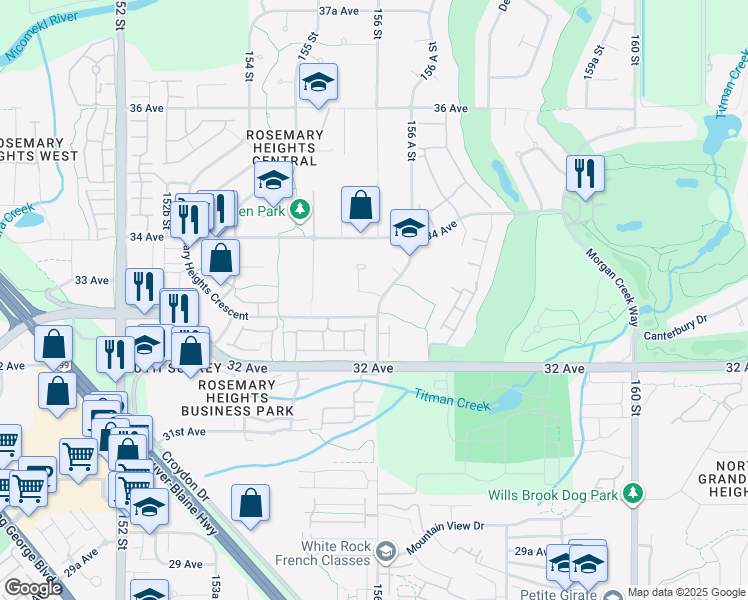 map of restaurants, bars, coffee shops, grocery stores, and more near 15638 33 Avenue in Surrey