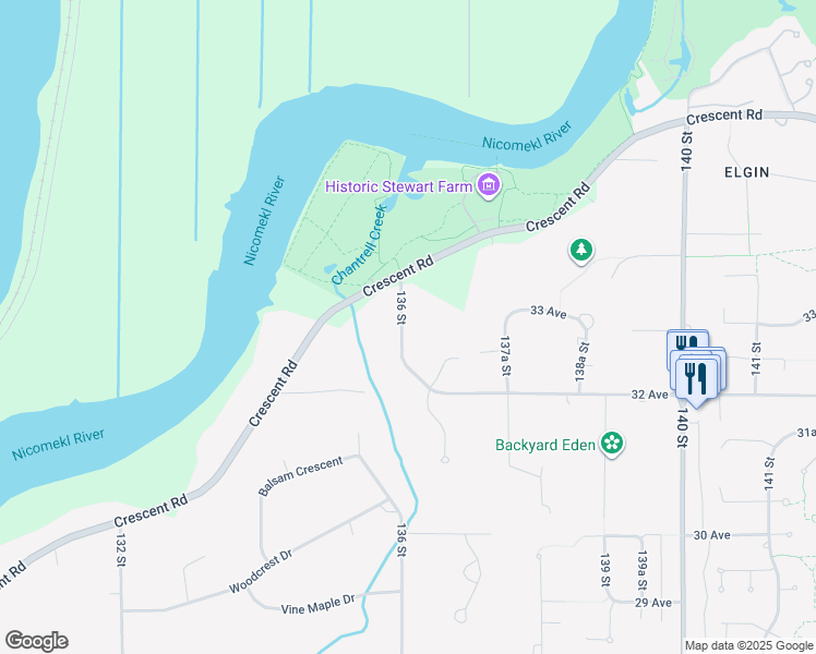 map of restaurants, bars, coffee shops, grocery stores, and more near 3292 136 Street in Surrey