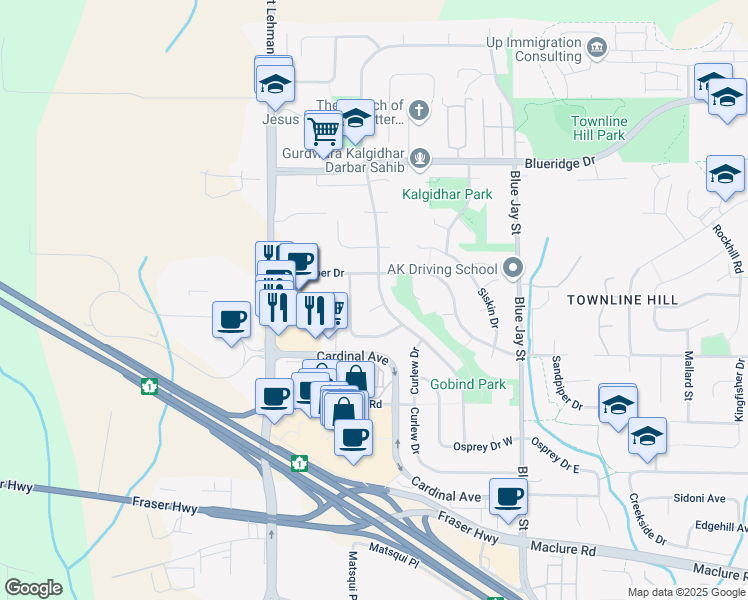 map of restaurants, bars, coffee shops, grocery stores, and more near 3288 Sparrow Drive in Abbotsford