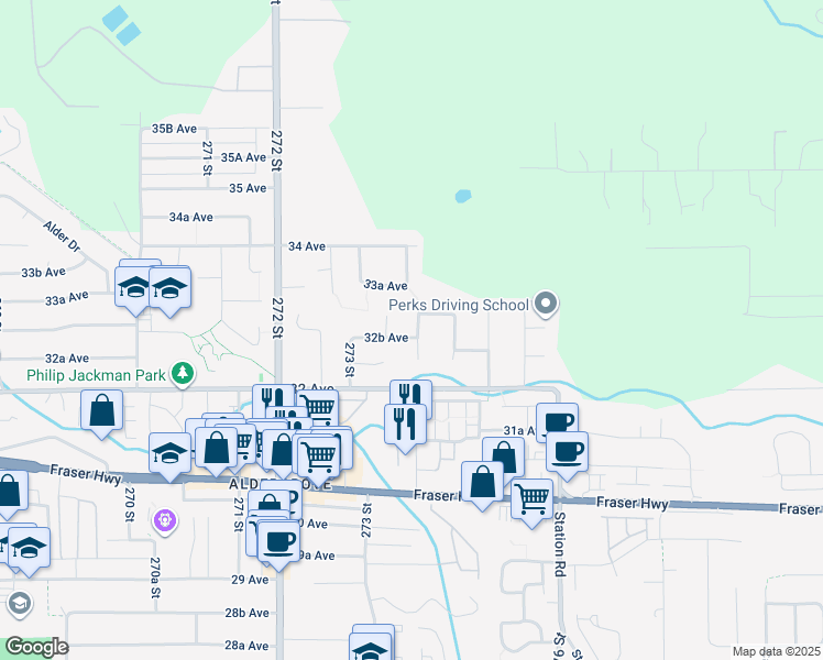 map of restaurants, bars, coffee shops, grocery stores, and more near 3281 274 Street in Langley