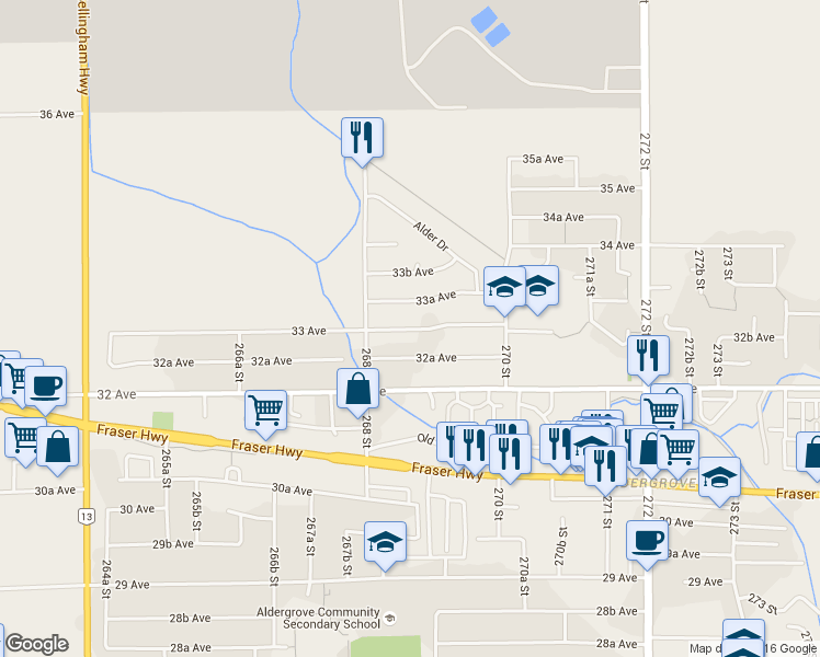 map of restaurants, bars, coffee shops, grocery stores, and more near 26861 33 Avenue in Langley