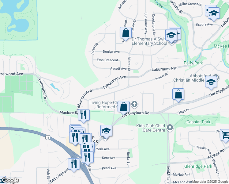 map of restaurants, bars, coffee shops, grocery stores, and more near Immel Street in Abbotsford