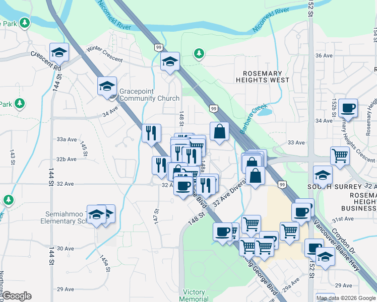 map of restaurants, bars, coffee shops, grocery stores, and more near 3303 148A Street in Surrey