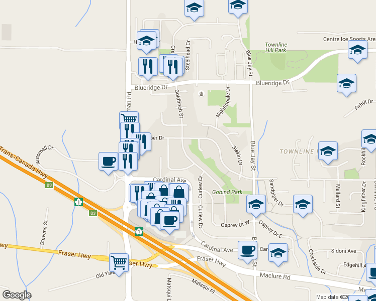 map of restaurants, bars, coffee shops, grocery stores, and more near 3286 Goldfinch Street in Abbotsford
