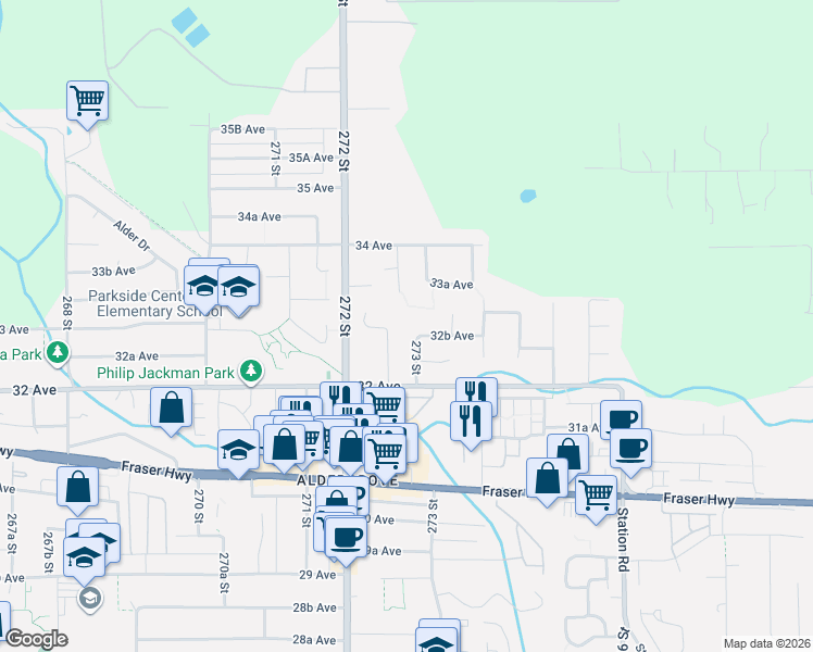 map of restaurants, bars, coffee shops, grocery stores, and more near 3295 273 Street in Langley Township