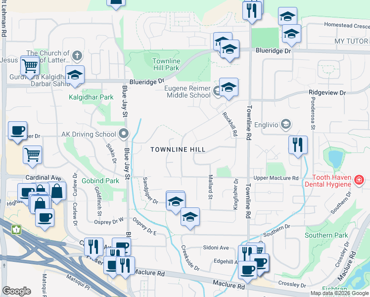 map of restaurants, bars, coffee shops, grocery stores, and more near 3294 Firhill Drive in Abbotsford