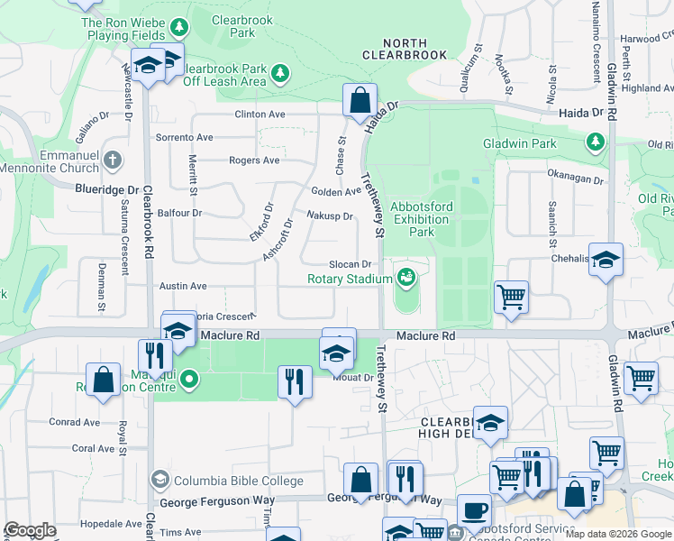 map of restaurants, bars, coffee shops, grocery stores, and more near 32328 Slocan Drive in Abbotsford